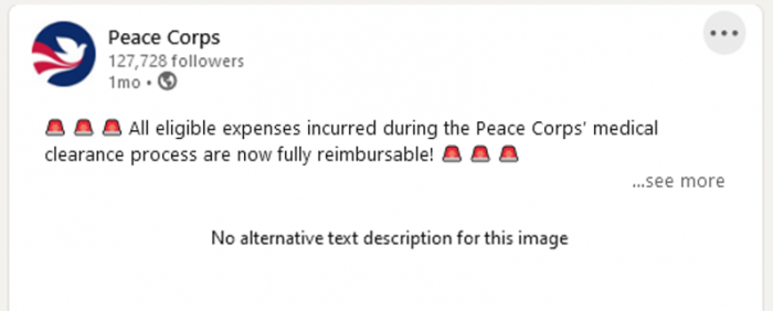 Peace Corps announcement "All eligible expenses incurred during the Peace Corps' medical clearance process are now fully reimbursable!" with siren emojis 