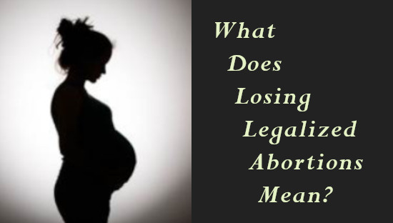 silhouette of a pregnant person on left and on the right is text "what does losing legalized abortions mean?"